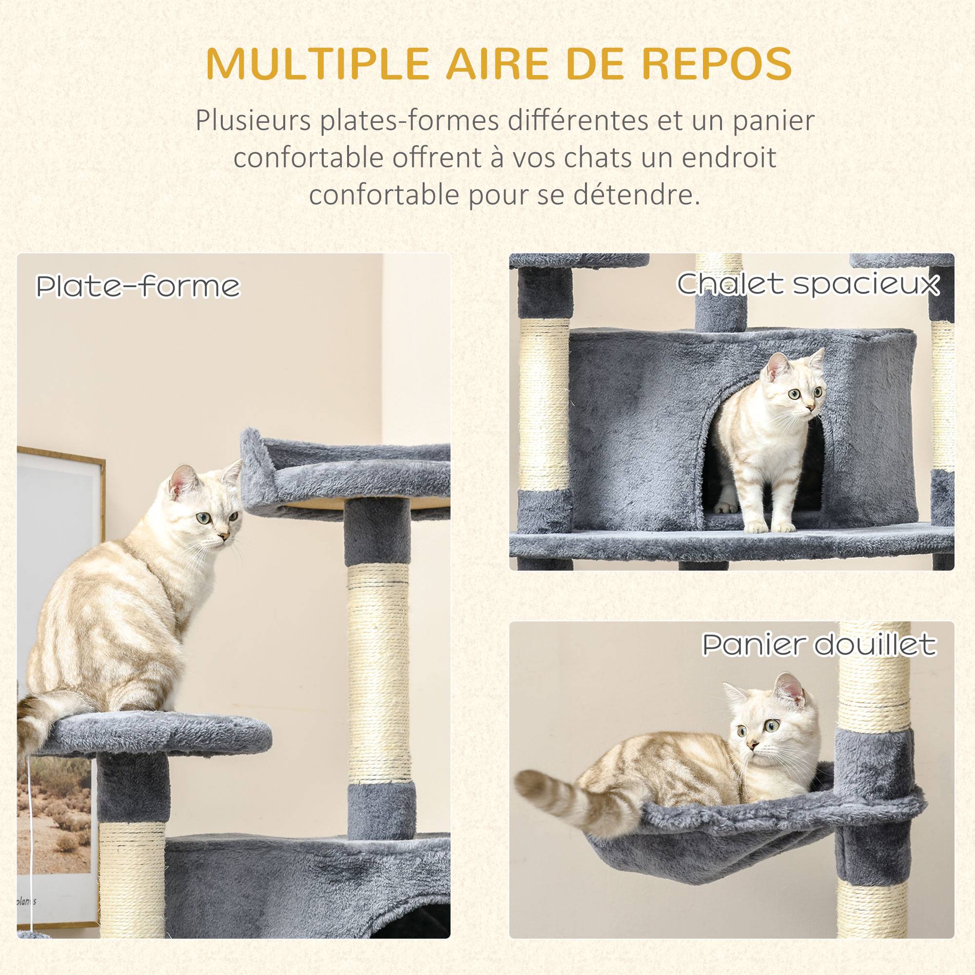 Pawhut - Arbre à chat multi-équipement griffoirs 2 niches 2 hamacs plateformes boules suspendues corde peluche grise - Imagen 6