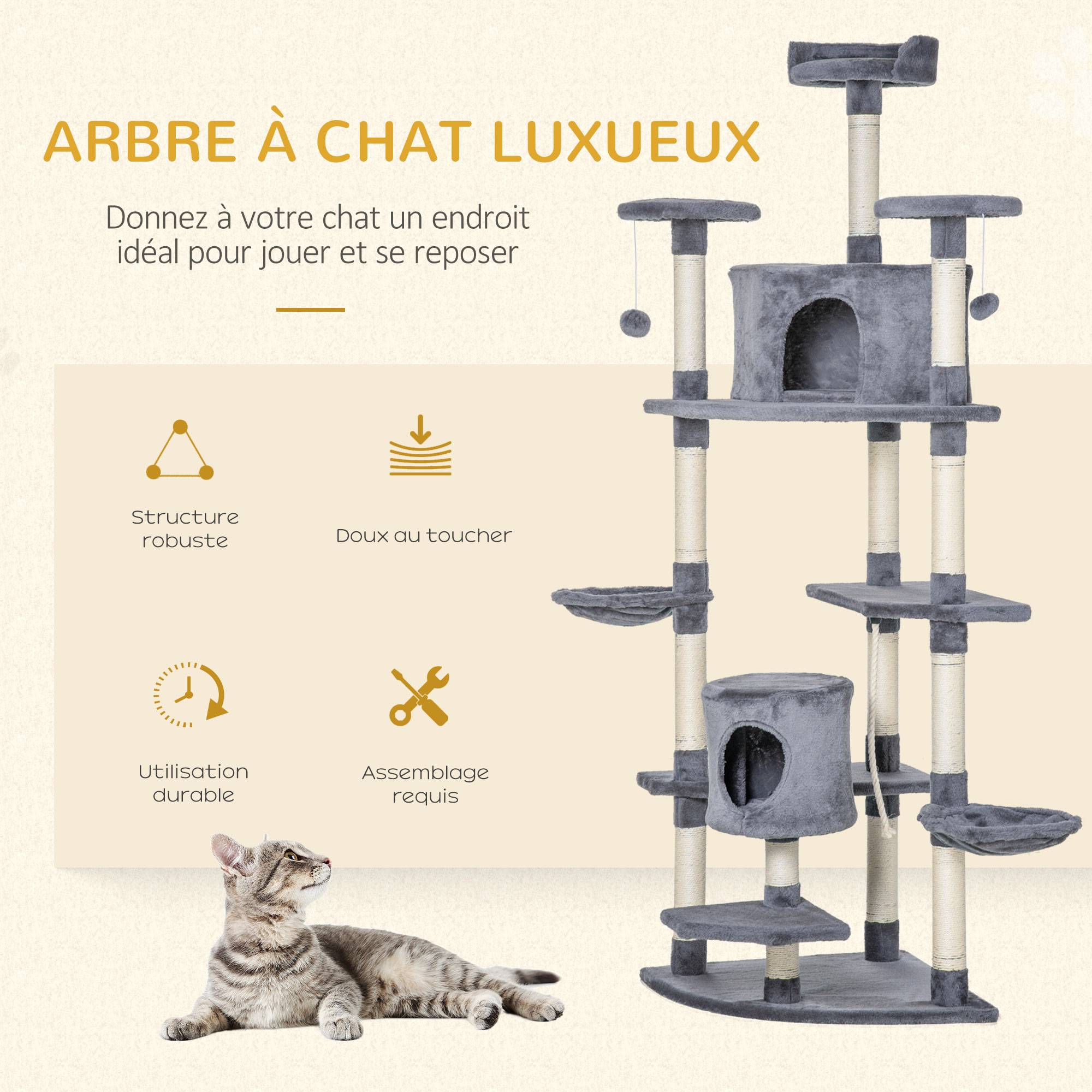 Pawhut - Arbre à chat multi-équipement griffoirs 2 niches 2 hamacs plateformes boules suspendues corde peluche grise - Imagen 4