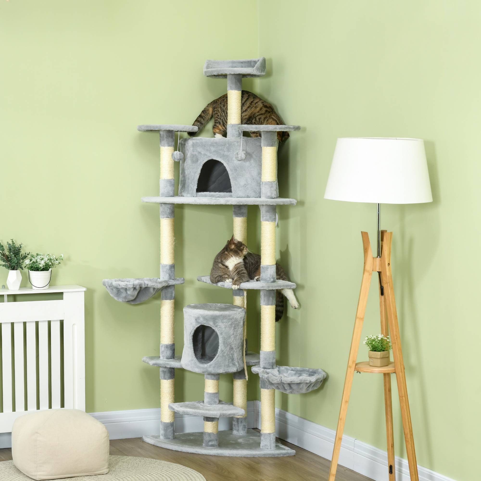 Pawhut - Arbre à chat multi-équipement griffoirs 2 niches 2 hamacs plateformes boules suspendues corde peluche grise - Imagen 2