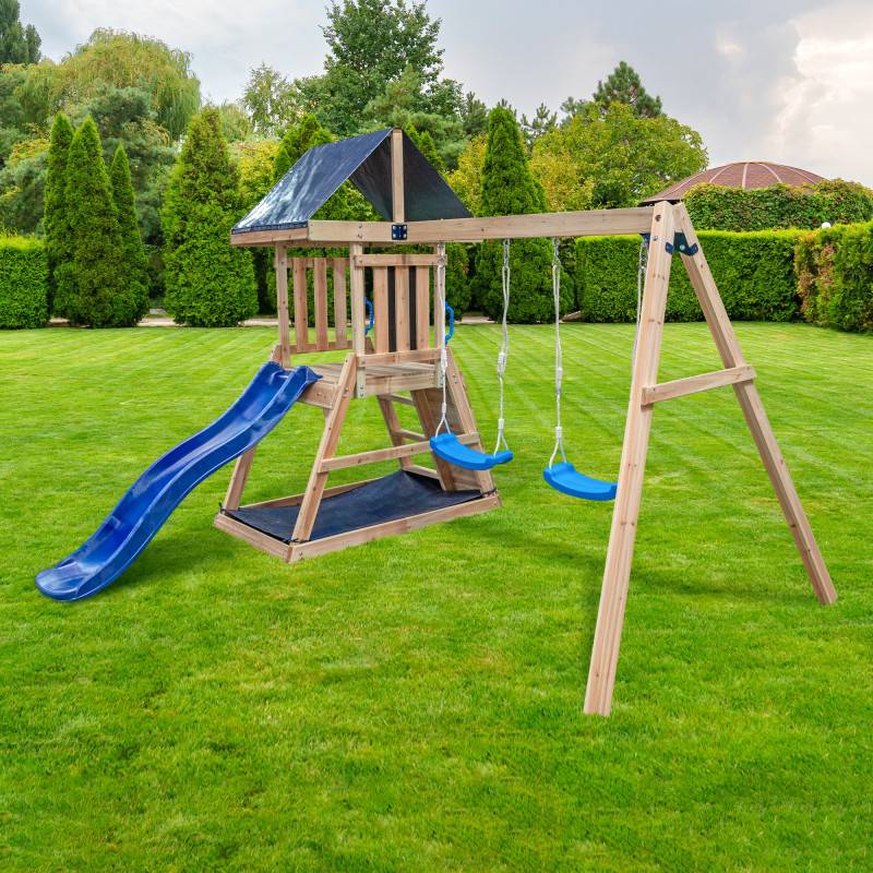 Aire De Jeux Extérieure SAGAZ Abracadaprout – Bois Thermo-Traité, Toboggan Bleu Et 2 Balançoires