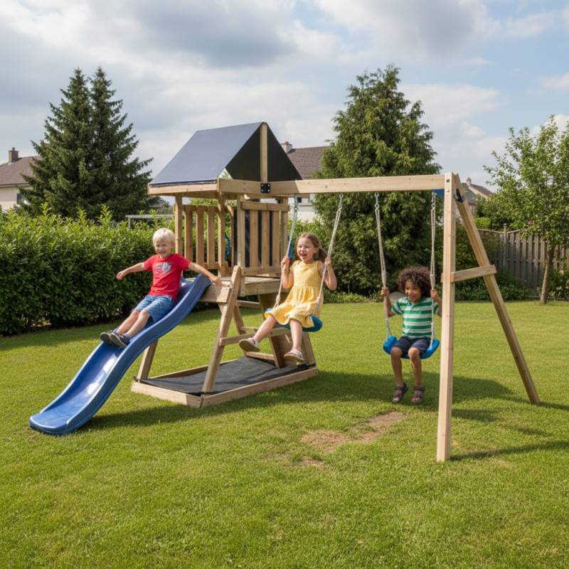 Aire de jeux extérieur bois thermo-traité 405x352 cm avec balançoires et toboggan bleu Abracadaprout Aire de jeux extérieur bois thermo-traité 405x352 cm avec balançoires et toboggan bleu Abracadaprout
