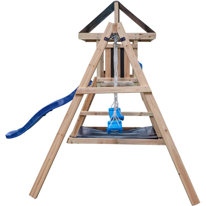 Aire De Jeux Extérieure SAGAZ Abracadaprout – Bois Thermo-Traité, Toboggan Bleu Et 2 Balançoires