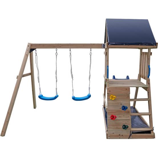 Aire de jeux extérieure bois thermo-traité Sagaz avec balançoires et toboggan bleu Abracadaprout - Gamm vert Aire de jeux extérieure bois thermo-traité Sagaz avec balançoires et toboggan bleu Abracadaprout - Gamm vert