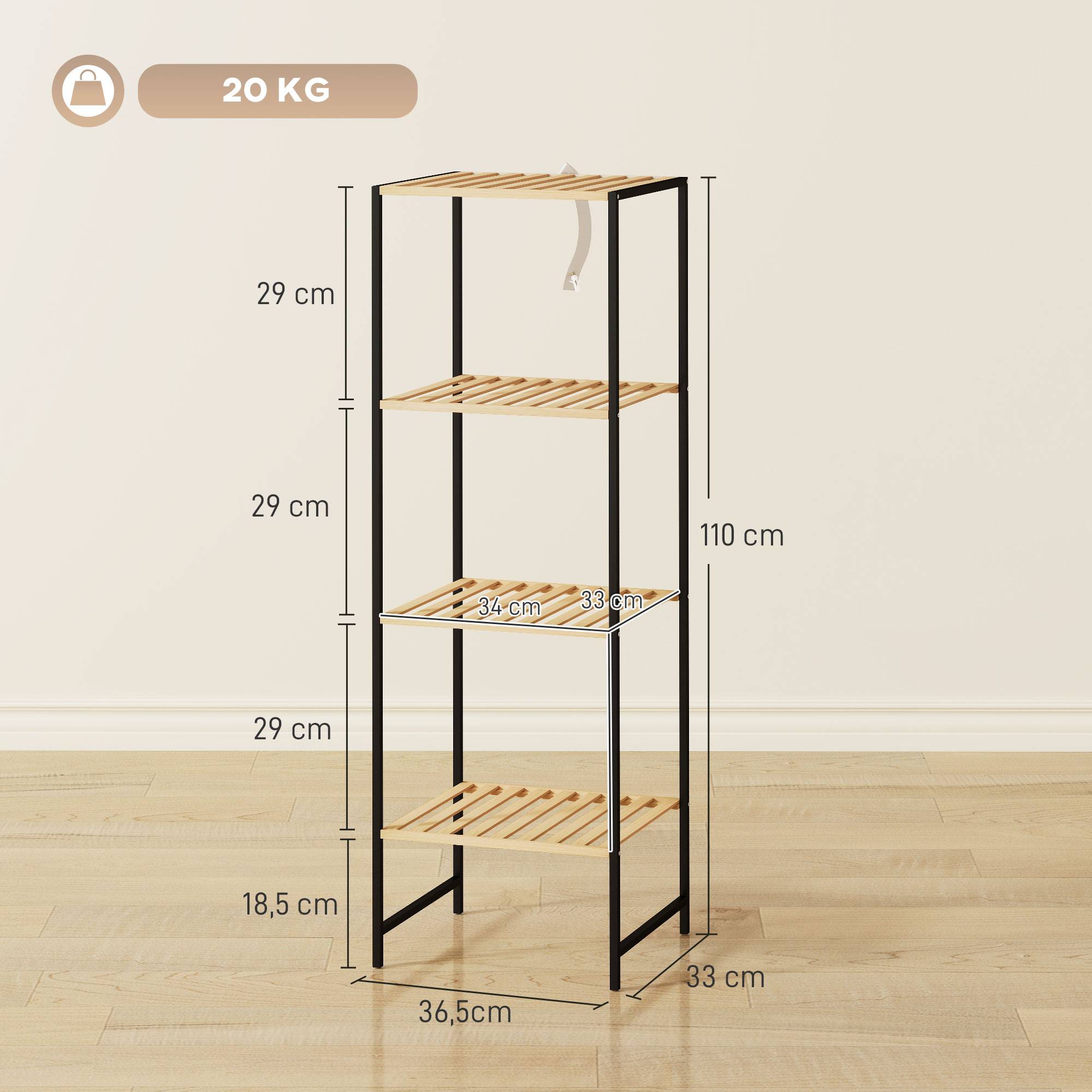 Étagère de salle de bain autoportante en bambou et acier, à 4 niveaux, 36,5 x 33 x 110 cm, couleur naturelle - Image 5
