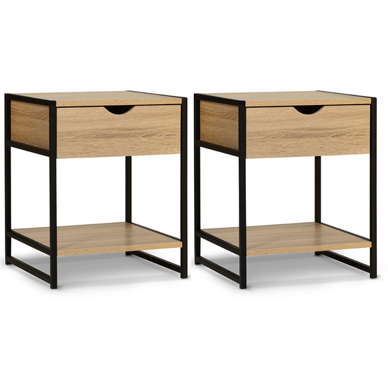 Lot de 2 tables de chevet DETROIT 1 tiroir avec tablette bois et métal noir design industriel - Image 2