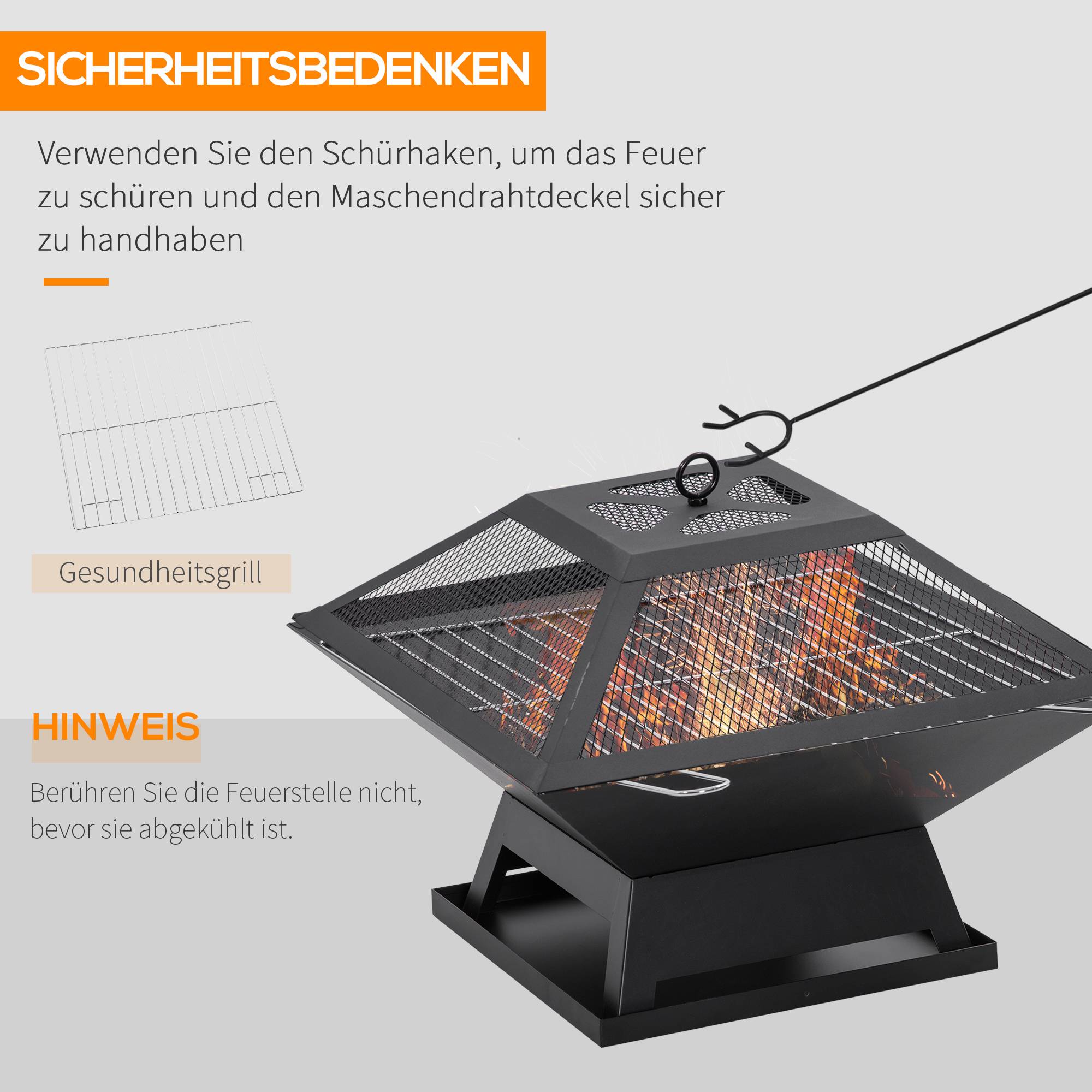 Feuerschale avec grill et protection anti-étincelles en acier noir 45 x 45 x 34 cm - PANGIVO - Image 6