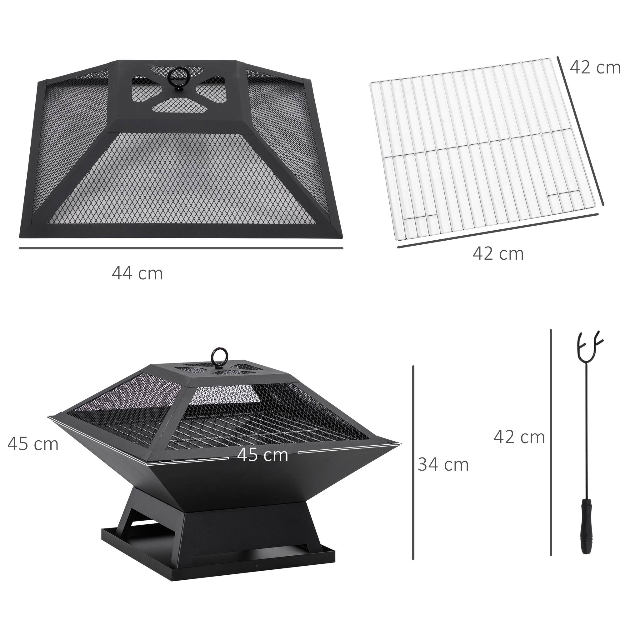 Feuerschale avec grill et protection anti-étincelles en acier noir 45 x 45 x 34 cm - PANGIVO - Image 3