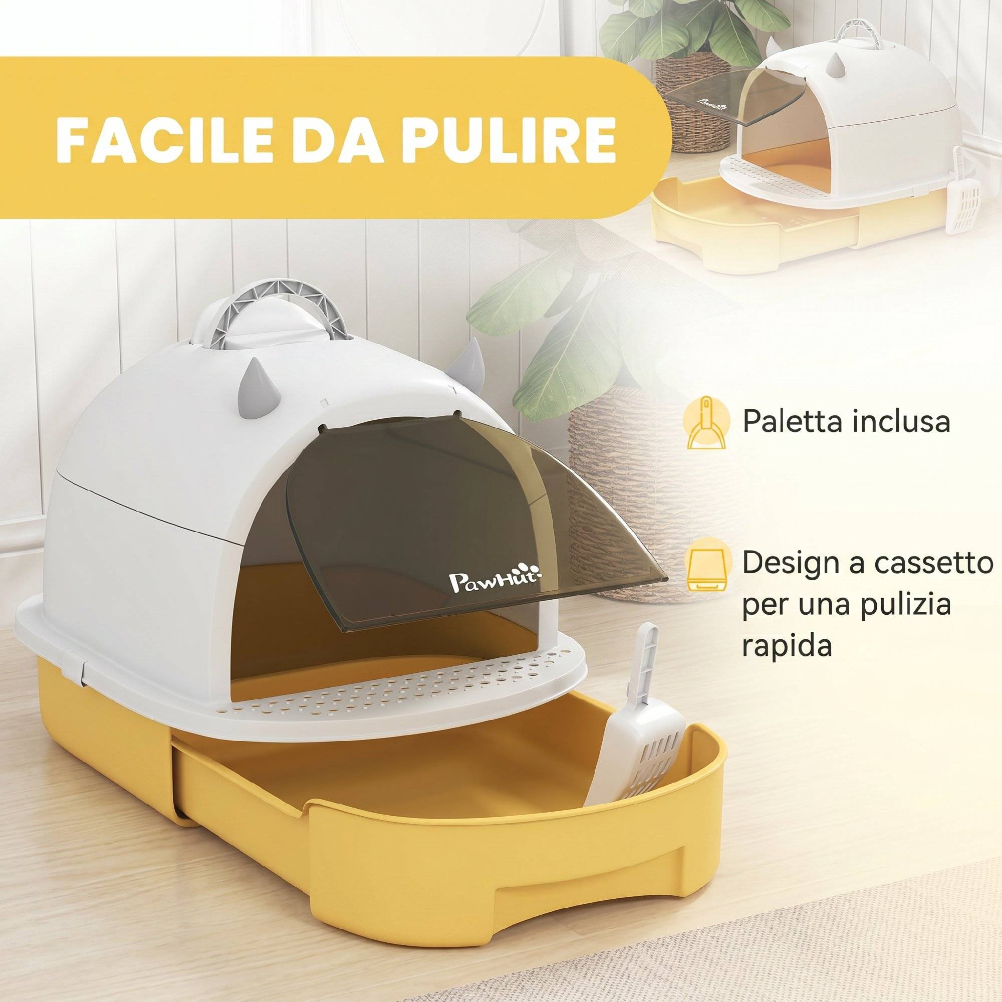 Litière fermée avec bac amovible, poignée, pelle et 2 filtres charbon, jaune - Image 7