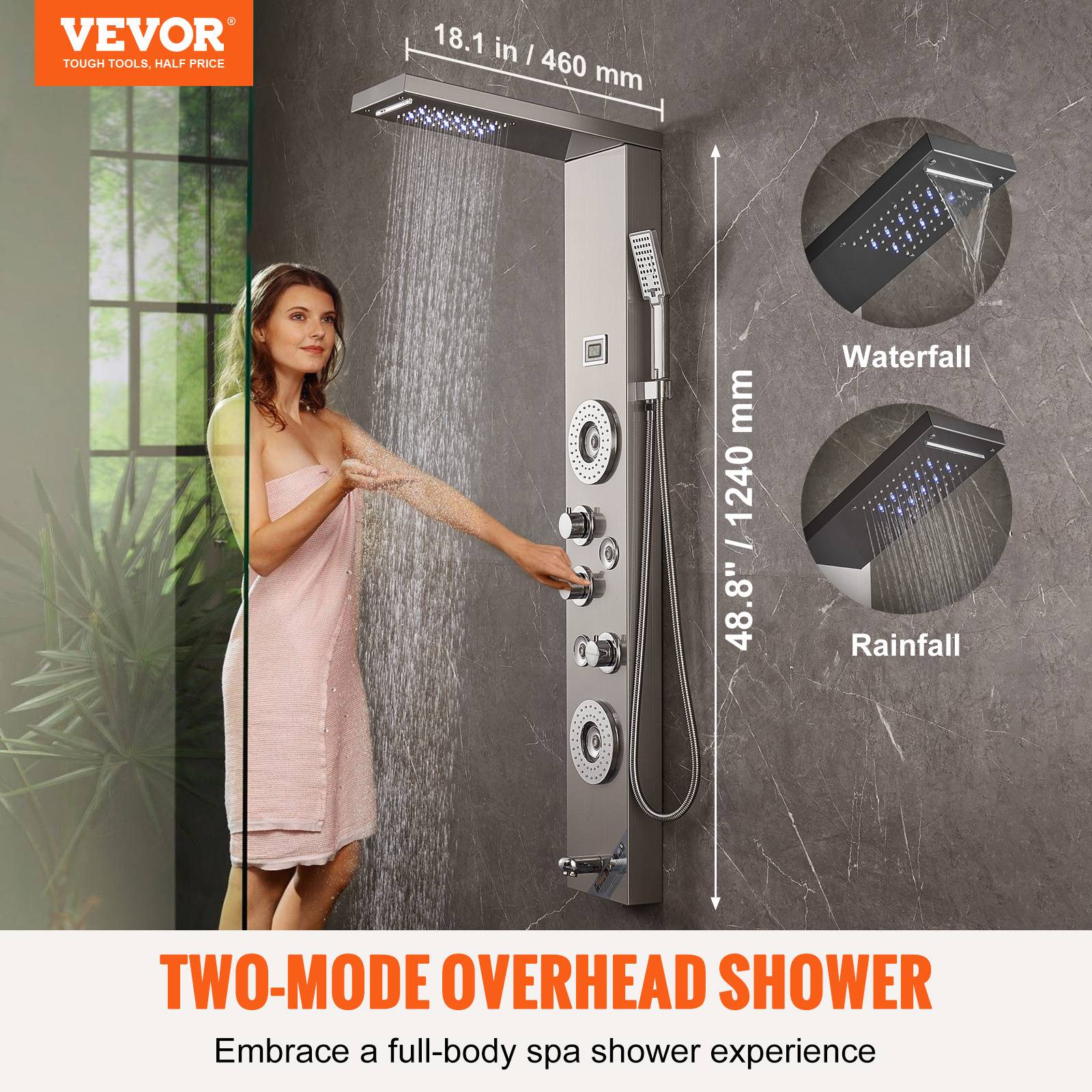 Vevor - VEVOR Système panneau de douche 6 modes, LED, pluie, cascade, 4 jets, pomme à main avec tuyau. - Image 2