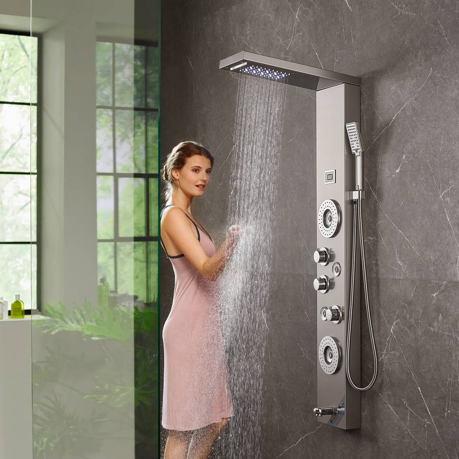 Vevor - VEVOR Système panneau de douche 6 modes, LED, pluie, cascade, 4 jets, pomme à main avec tuyau. - Image 8