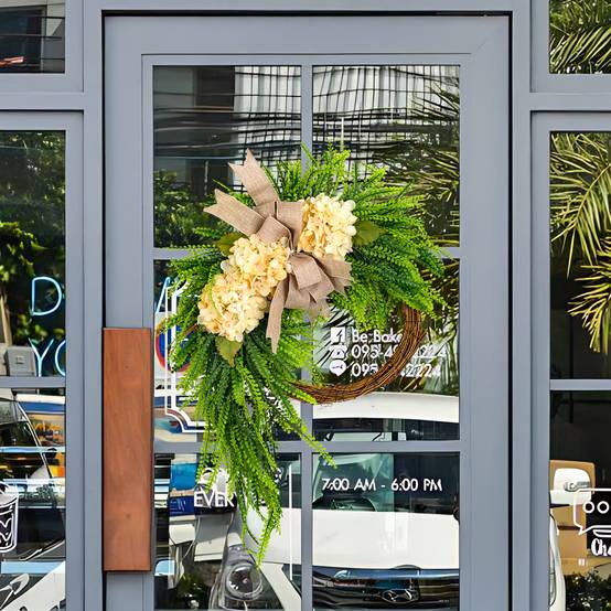 1 couronne d'hortensias blancs artificiels pour la porte d'entrée, décoration de Noël pour la porte d'entrée, le mur et la fenêtre. - Image 5