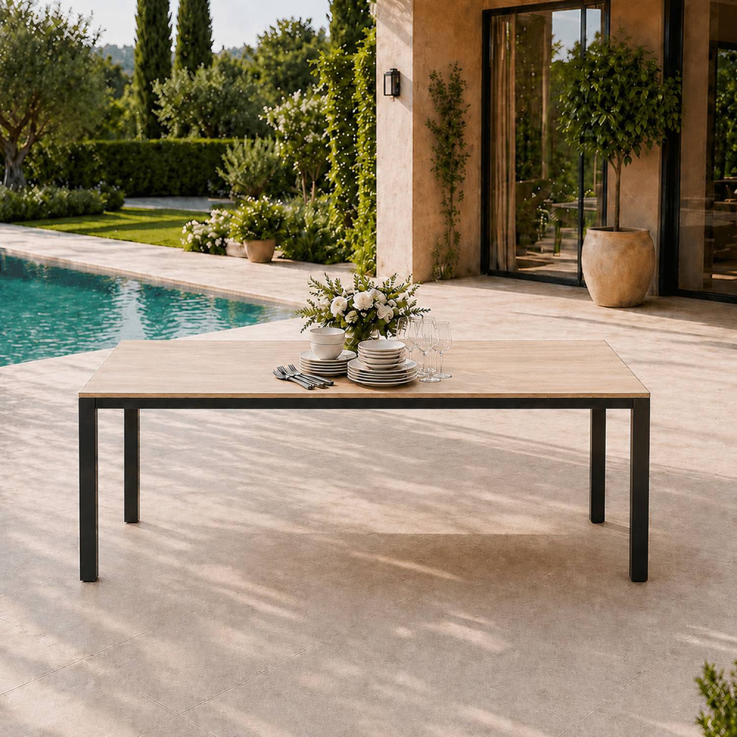 Table de jardin 190cm 8 personnes avec plateau en verre trempé effet bois BRISBANE - Image 6