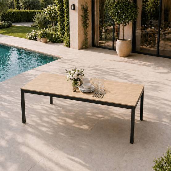 Table de jardin 190cm 8 personnes avec plateau en verre trempé effet bois BRISBANE - Image 5