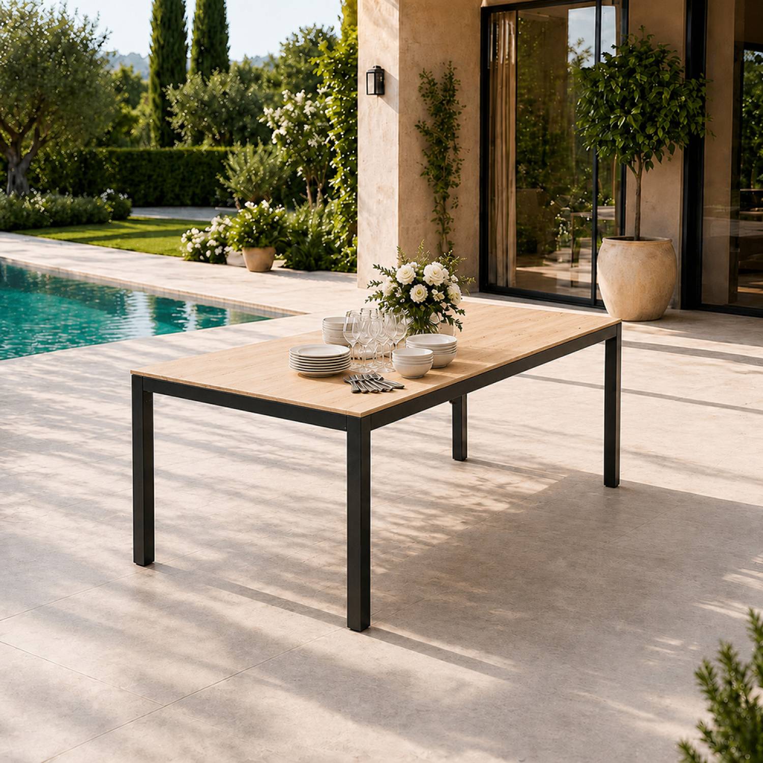 Table de jardin 190cm 8 personnes avec plateau en verre trempé effet bois BRISBANE - Image 2
