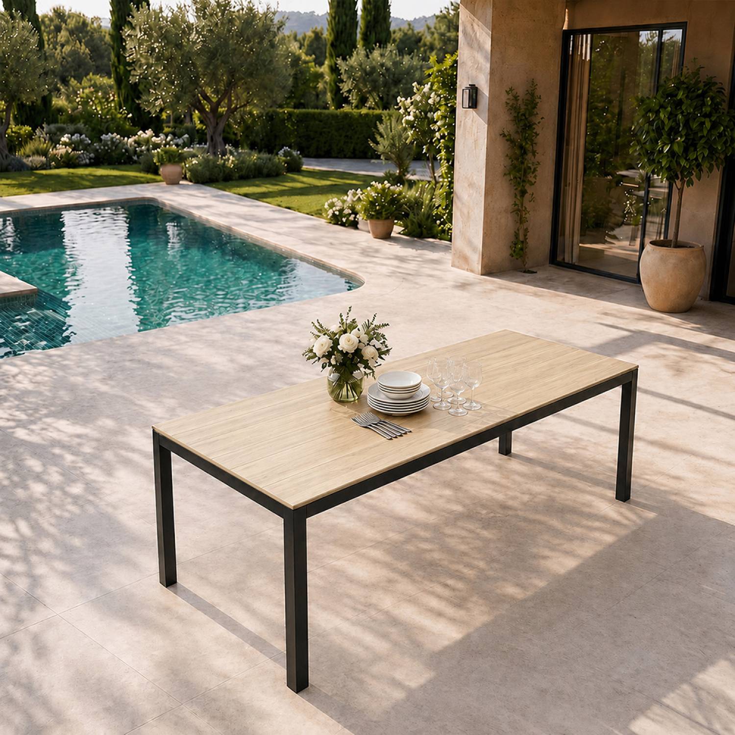 Table de jardin 190cm 8 personnes avec plateau en verre trempé effet bois BRISBANE - Image 4
