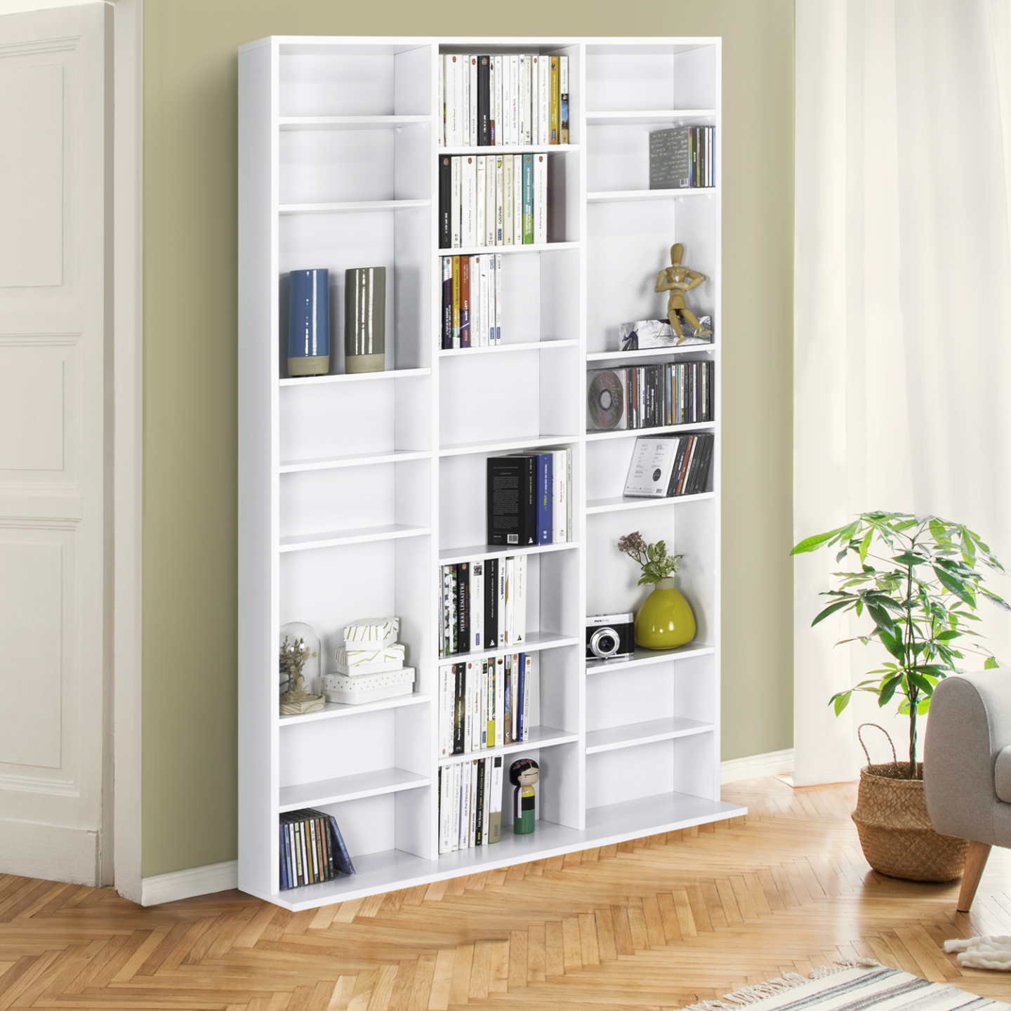 Bibliothèque étagère CD CEYLIA 30 cases avec étagères modulables bois blanc - Image 1