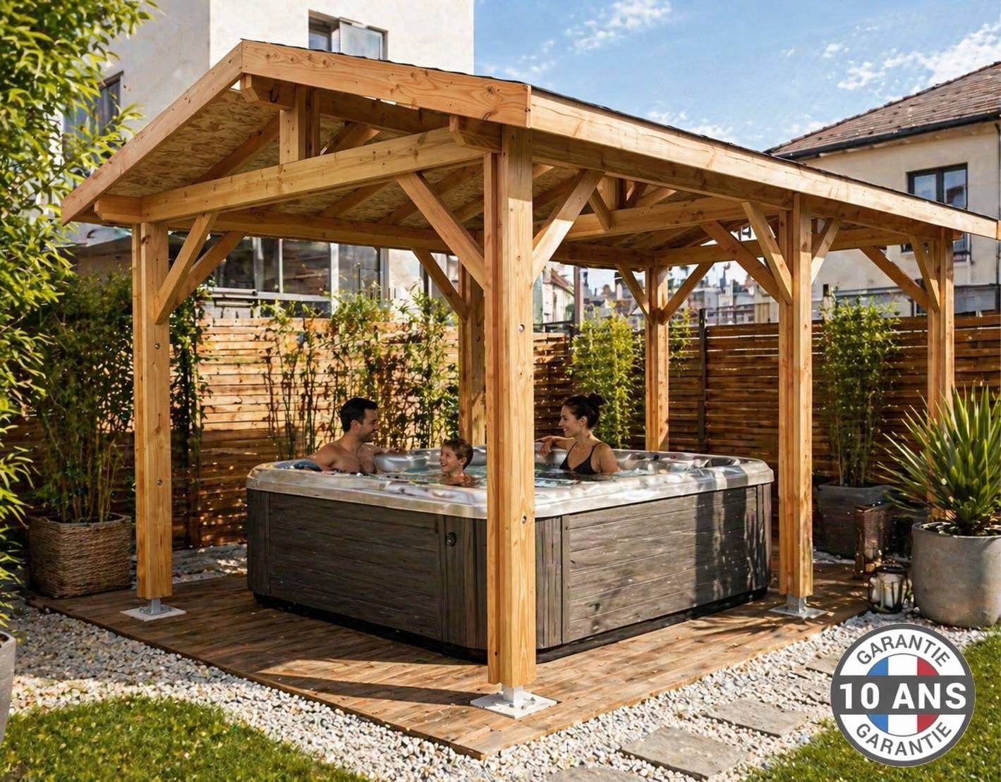 Carport bois 2 pentes en bois douglas 15 m² avec 6 pieds de poteau fixes, 6 poteaux. Abri voiture extérieur. garantie 10 ans - Image 6