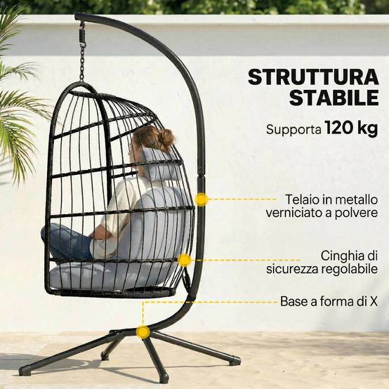 Fauteuil Suspendu Œuf Résine Tressée Métal Jardin Balcon Balancelle 105x101x196cm Gris Clair - ComfortXL Outdoor Living - Image 6