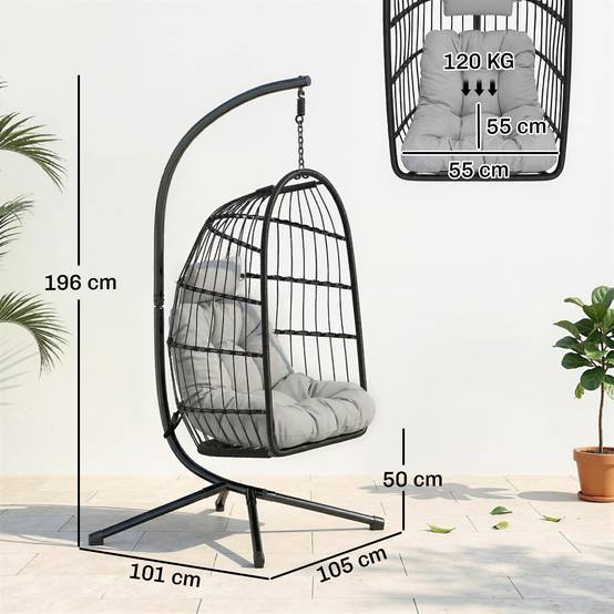 Fauteuil Suspendu Œuf Résine Tressée Métal Jardin Balcon Balancelle 105x101x196cm Gris Clair - ComfortXL Outdoor Living - Image 5