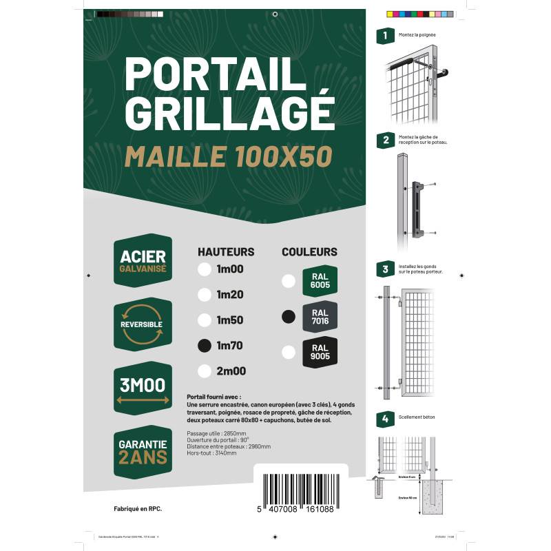 Portail grillagé acier galvanisé L 3m Gris anthracite H 1m70 - Easy Clôture - Imagen 5