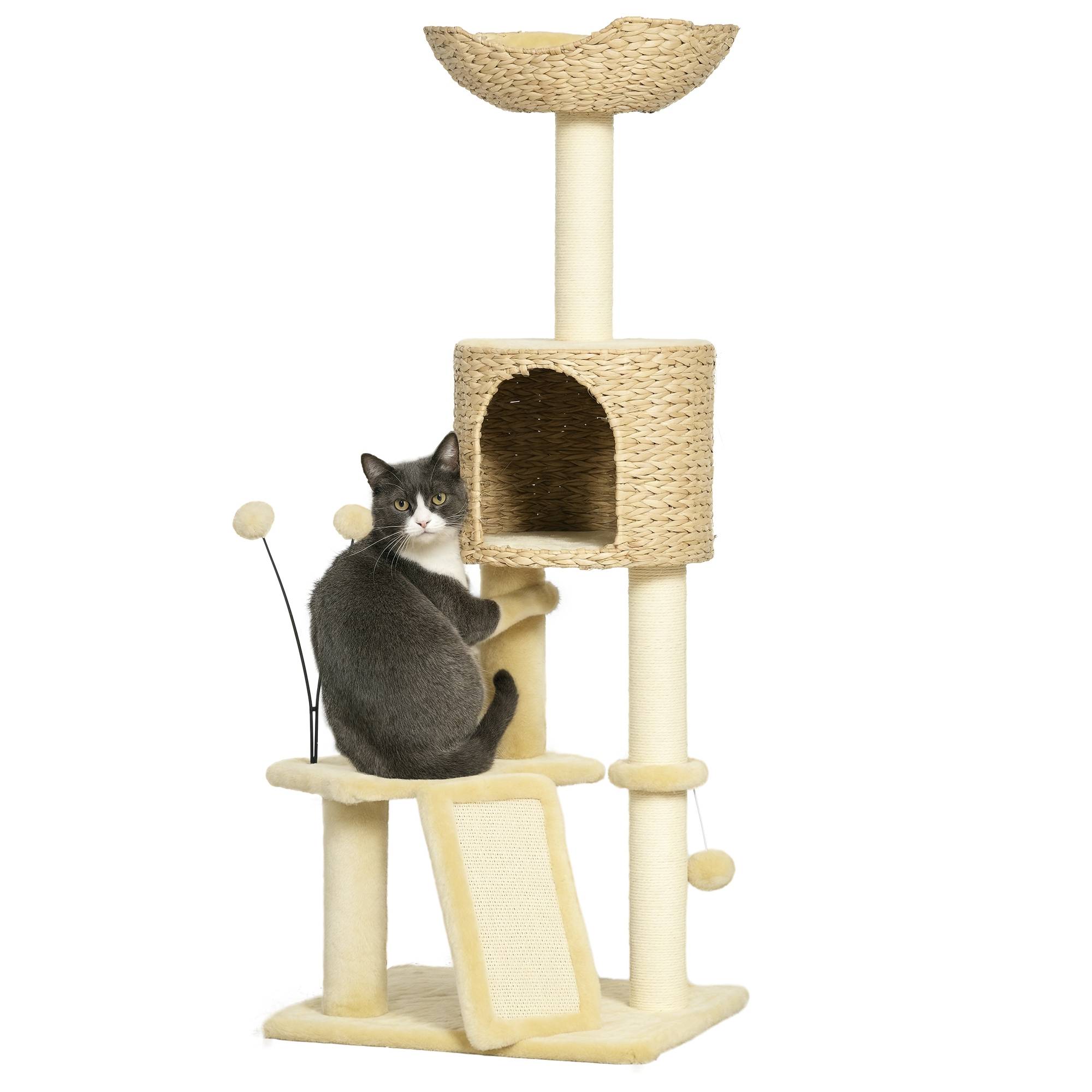Arbre à chat bois peluche chats jeu griffes repos 45x40x116cm beige - ComfortXL Outdoor Living