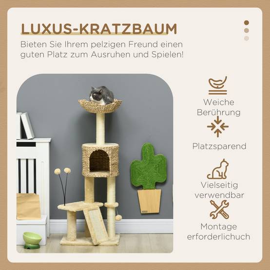 Arbre à chat bois peluche chats jeu griffes repos 45x40x116cm beige - ComfortXL Outdoor Living - Image 6