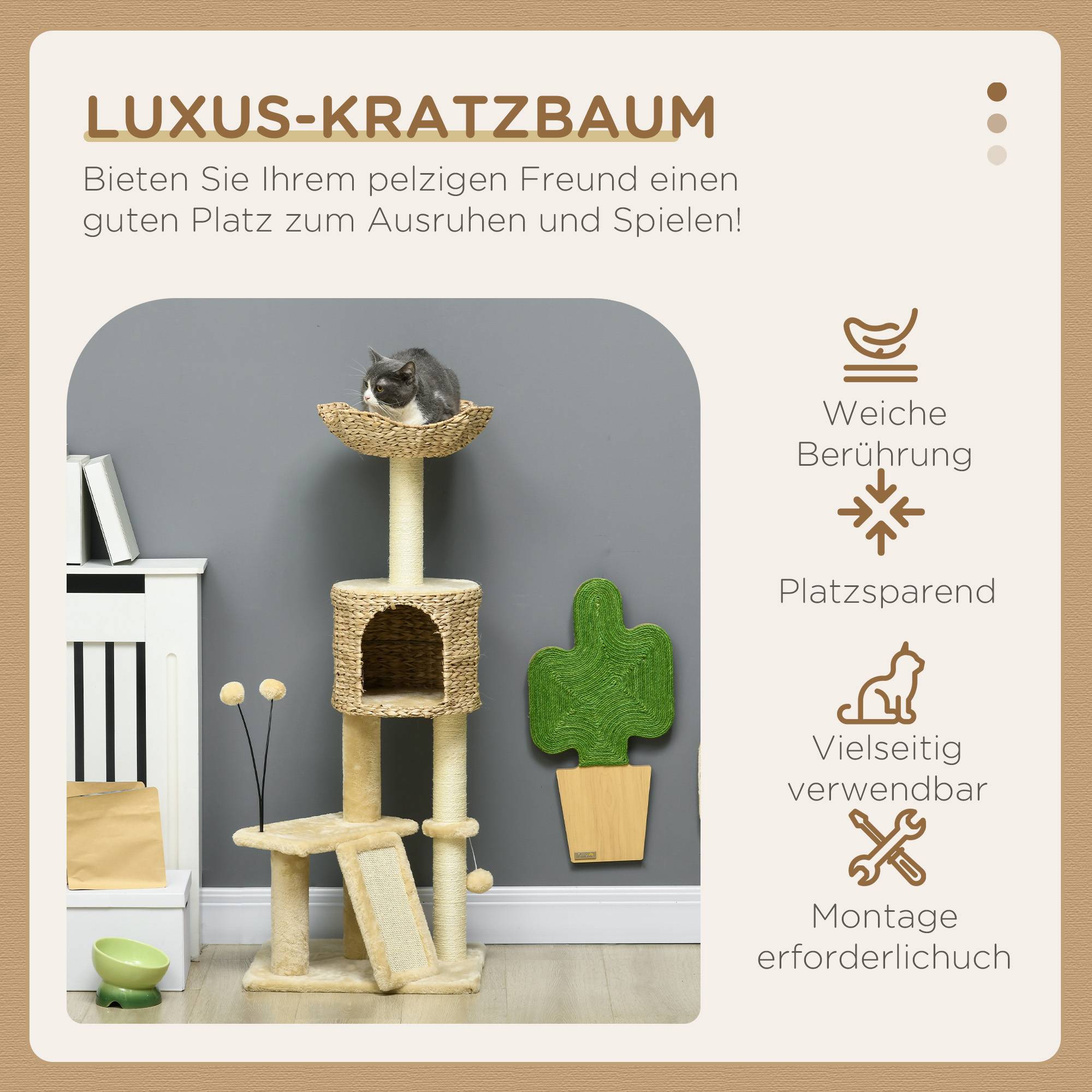 Arbre à chat bois peluche chats jeu griffes repos 45x40x116cm beige - ComfortXL Outdoor Living - Image 6