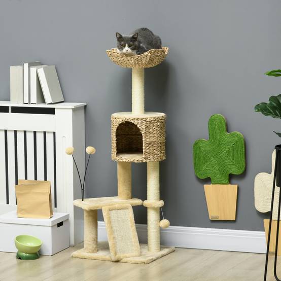 Arbre à chat bois peluche chats jeu griffes repos 45x40x116cm beige - ComfortXL Outdoor Living - Image 3
