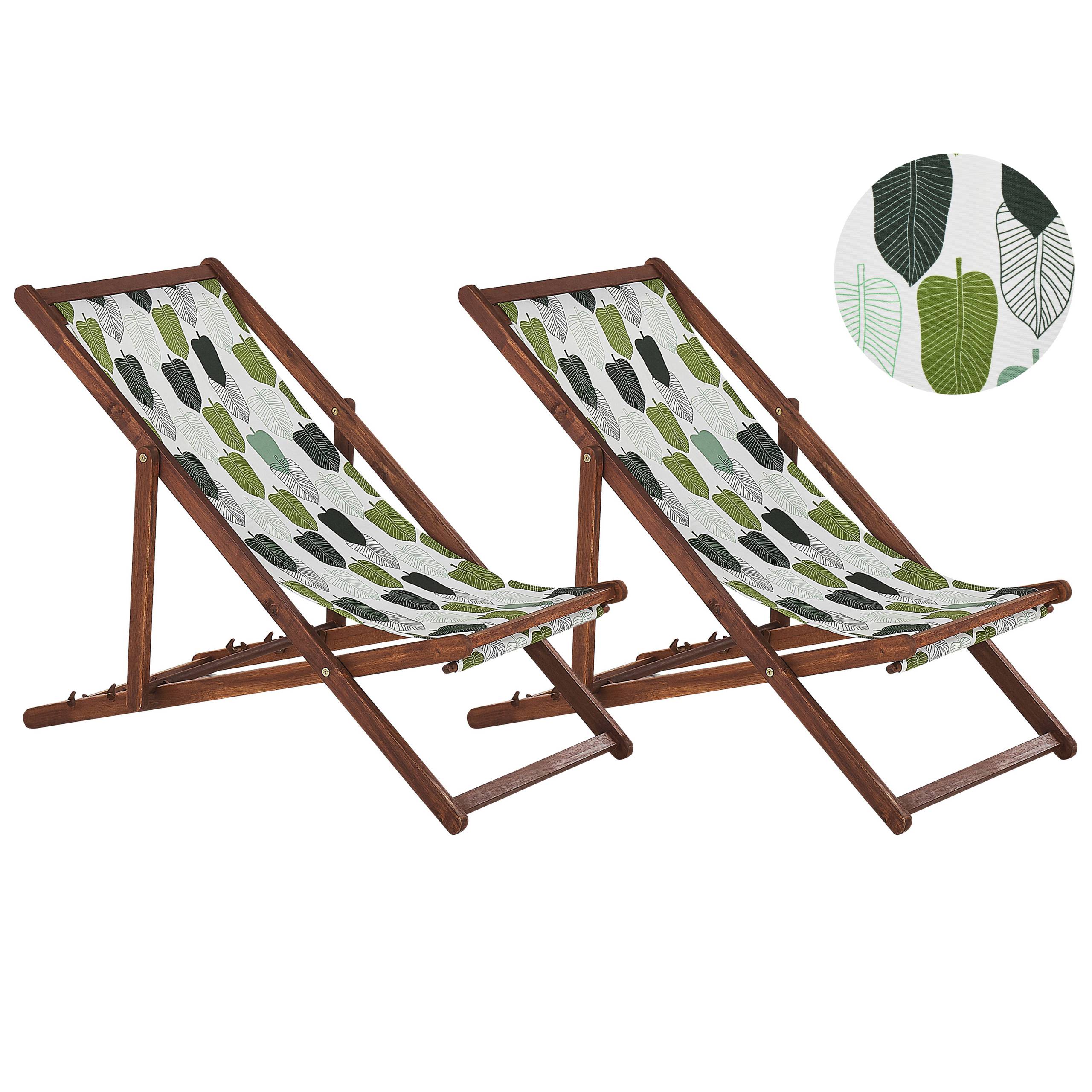 Beliani - 2 Transats Chiliennes Pliantes et Réglables en Bois d'Acacia Foncé et Textile Motif Feuillage avec Toiles de Remplacement - Imagen 1