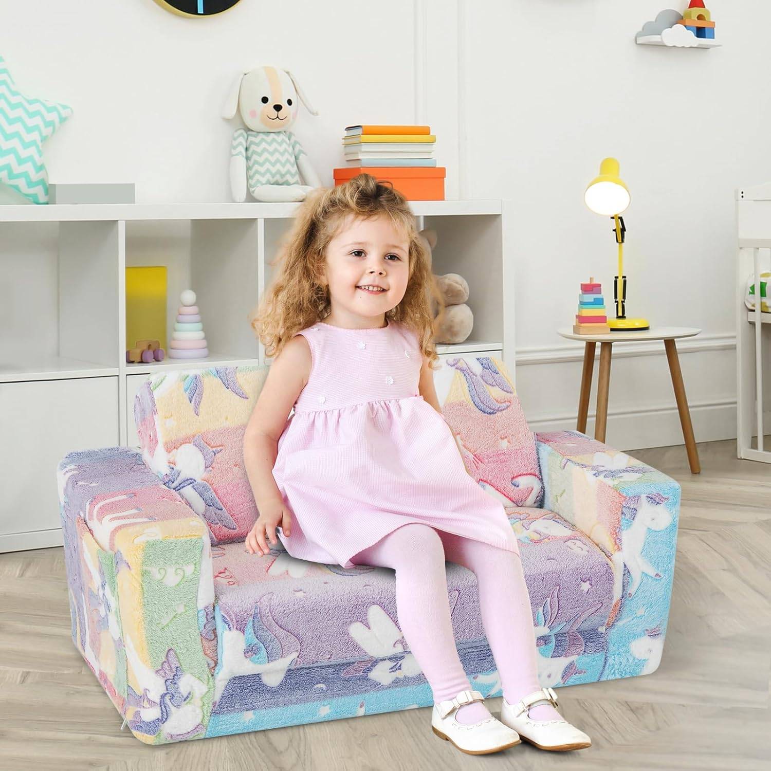 2 en 1 Canapé Enfants Lumineux (Brillant dans Le Noir) avec Motif de Licorne, pour 3-12 Ans - Image 2
