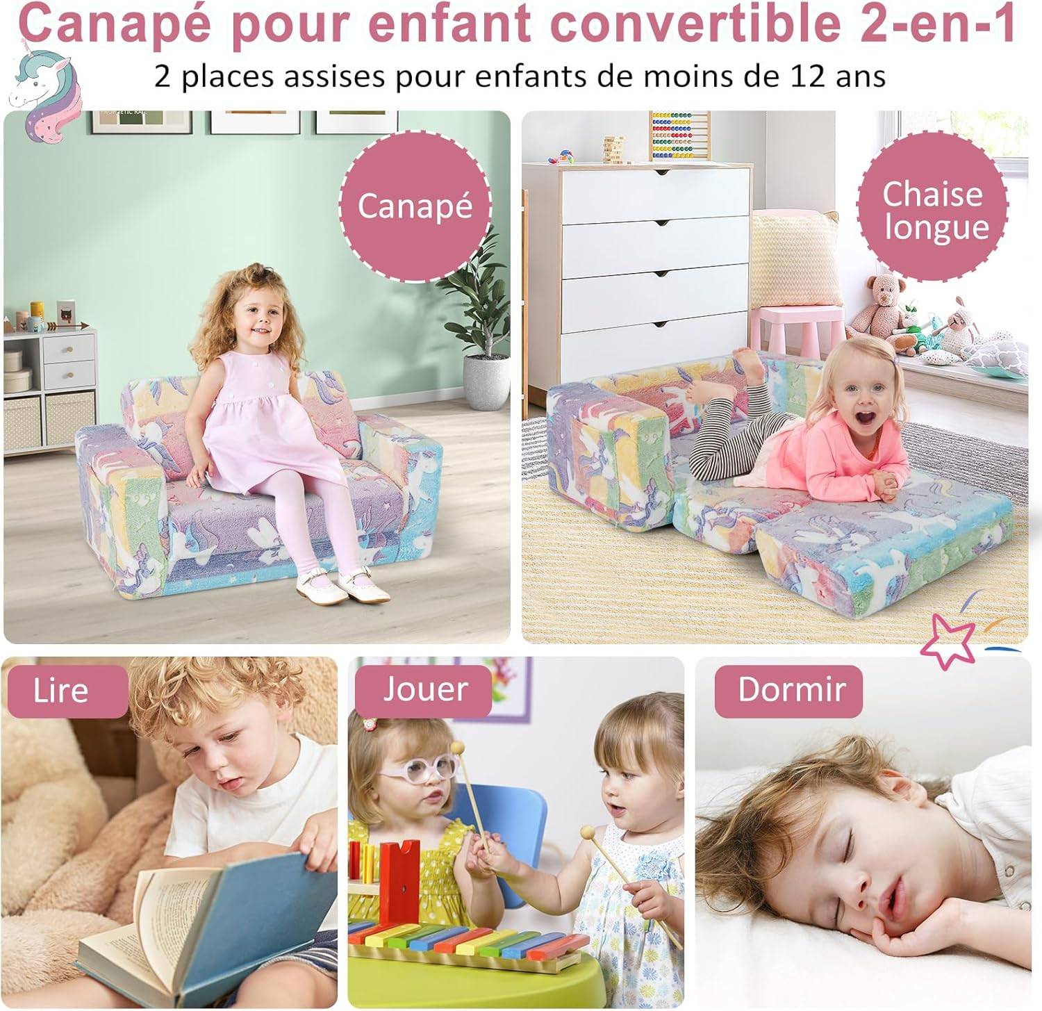 2 en 1 Canapé Enfants Lumineux (Brillant dans Le Noir) avec Motif de Licorne, pour 3-12 Ans - Image 5
