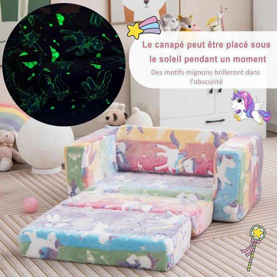 2 en 1 Canapé Enfants Lumineux (Brillant dans Le Noir) avec Motif de Licorne, pour 3-12 Ans - Image 4