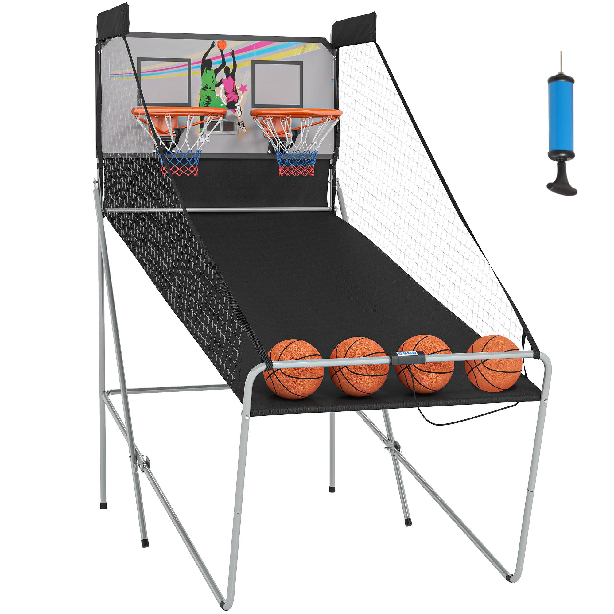 Jeu de Basketball Arcade Pliable à 2 Paniers avec Scoreur Électronique, 8 Modes de Jeu, 4 Ballons, 205 cm