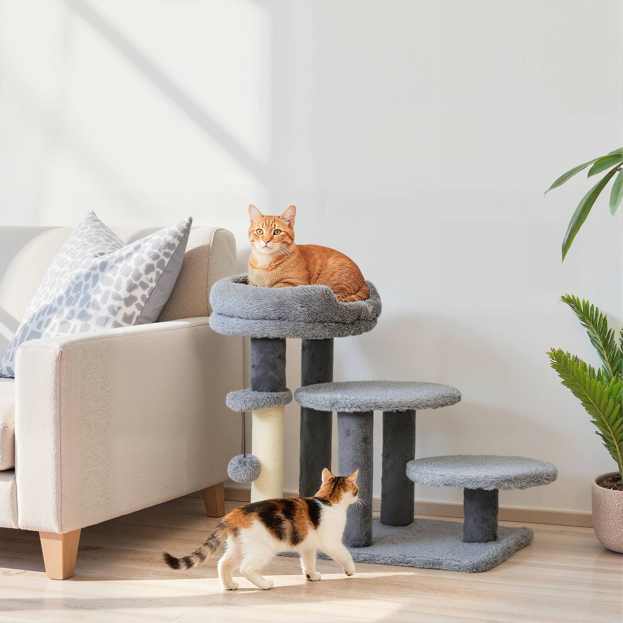 Arbre à chat et escalier chat, large base, peluche, griffoir sisal, gris - Image 3