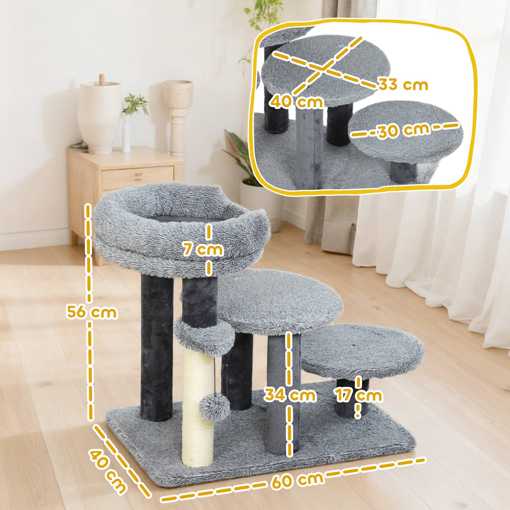 Arbre à chat et escalier chat, large base, peluche, griffoir sisal, gris - Image 5