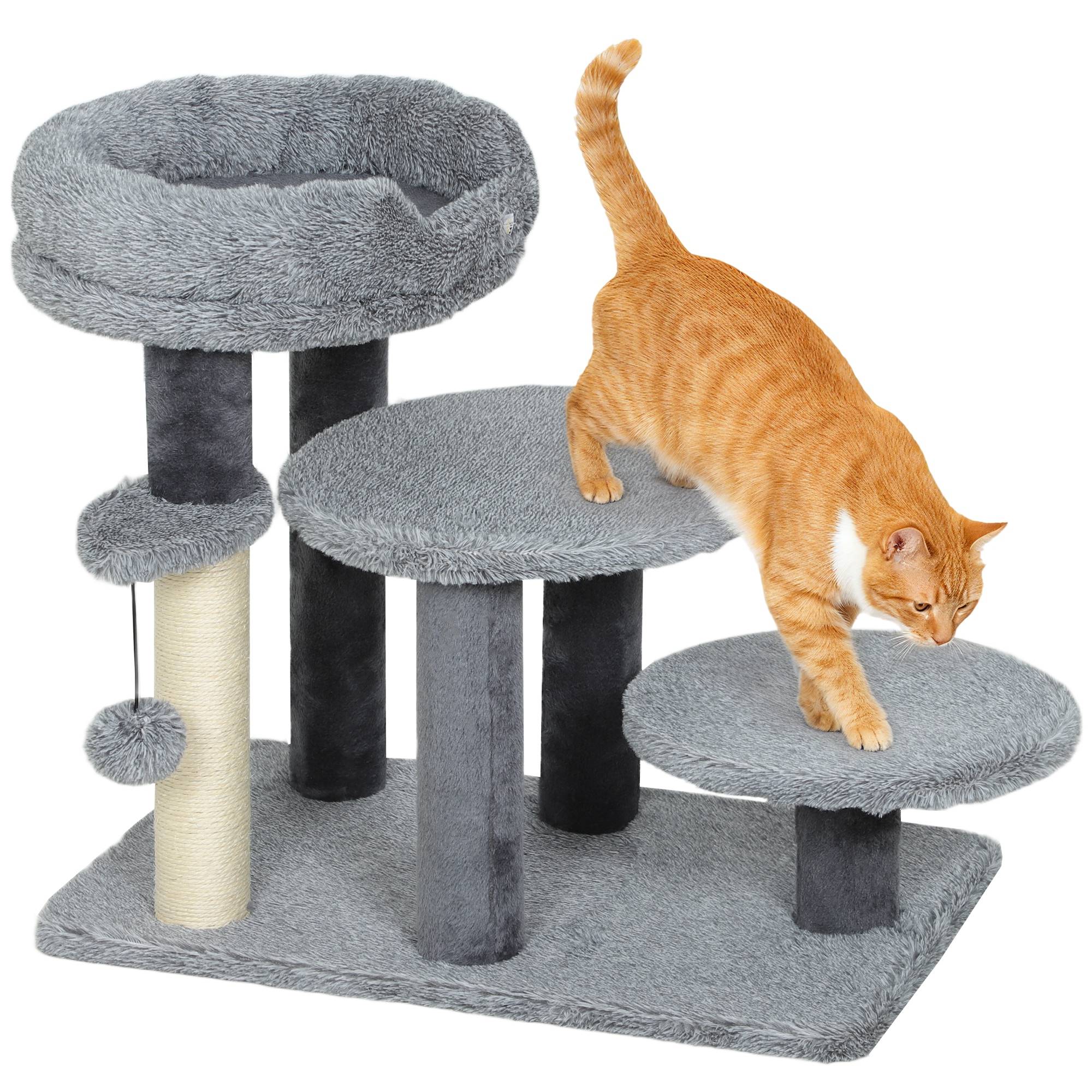 Arbre à chat et escalier chat, large base, peluche, griffoir sisal, gris - Image 1
