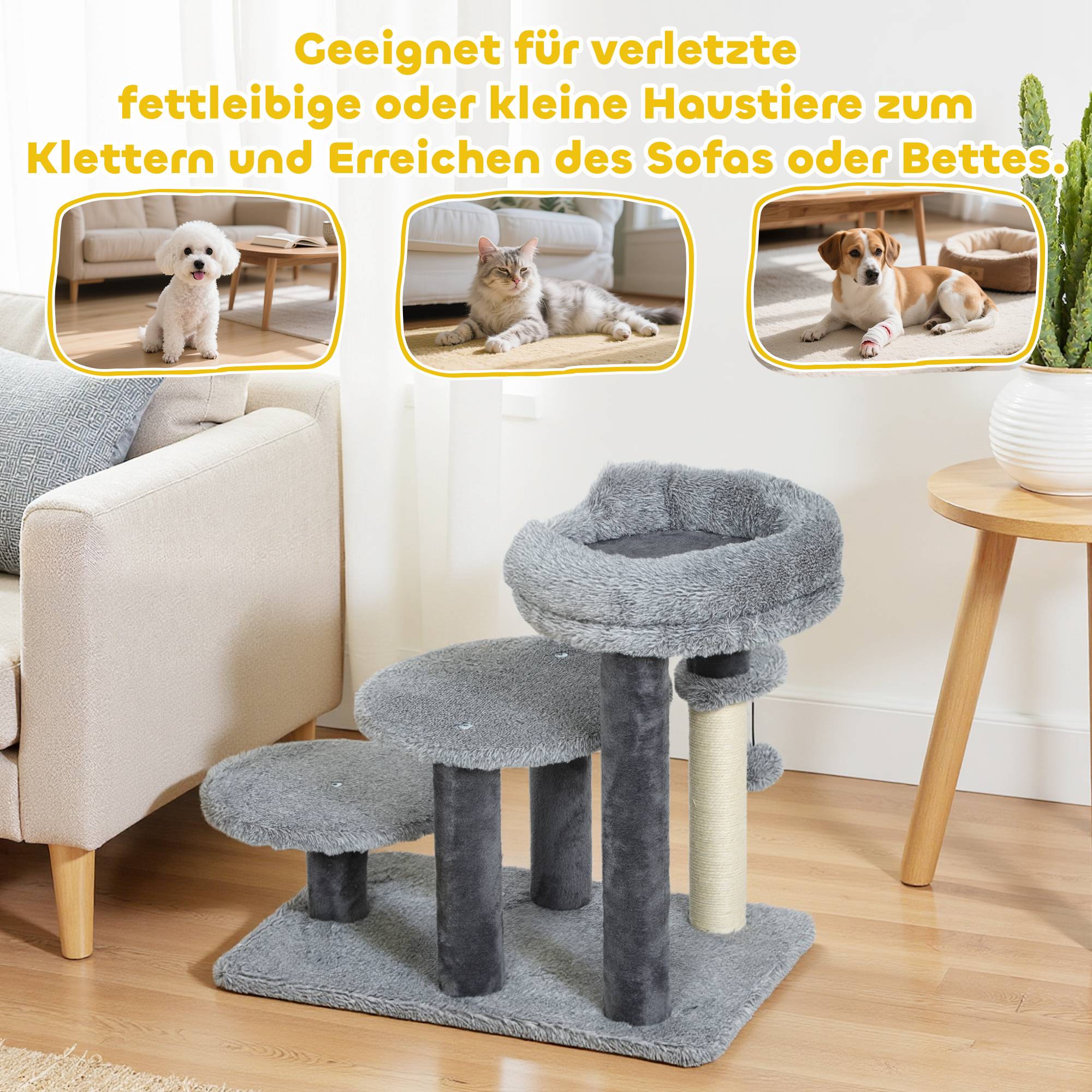 Arbre à chat et escalier chat, large base, peluche, griffoir sisal, gris - Image 9