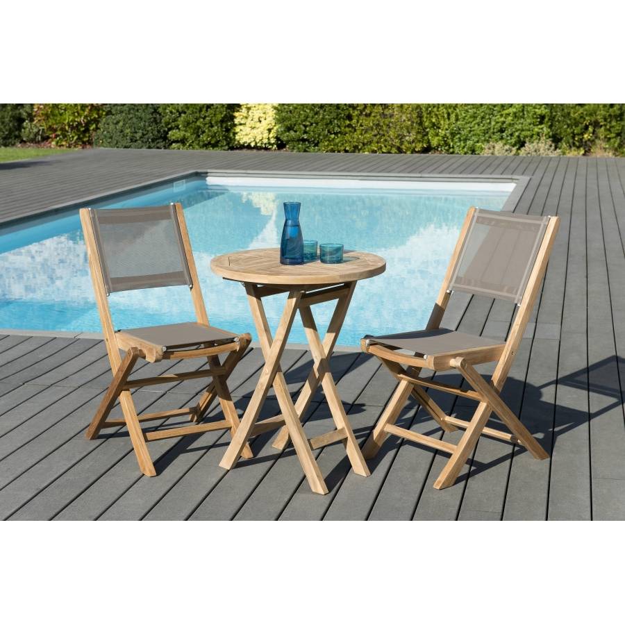 Macabane - HARRIS - SALON DE JARDIN EN BOIS TECK 2 pers - 1 Table ronde pliante 60 cm et 2 chaises textilène couleur taupe - Imagen 2