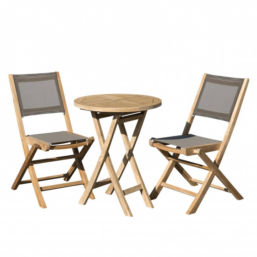 Macabane - HARRIS - SALON DE JARDIN EN BOIS TECK 2 pers - 1 Table ronde pliante 60 cm et 2 chaises textilène couleur taupe - Imagen 1