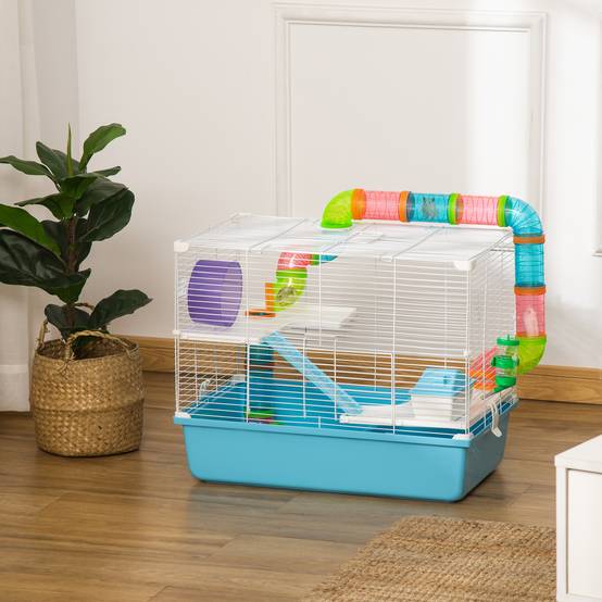 Cage hamster acier PP rongeur intérieur 3 niveaux tunnel 59x36x47cm bleu - ComfortXL Outdoor Living - Image 4