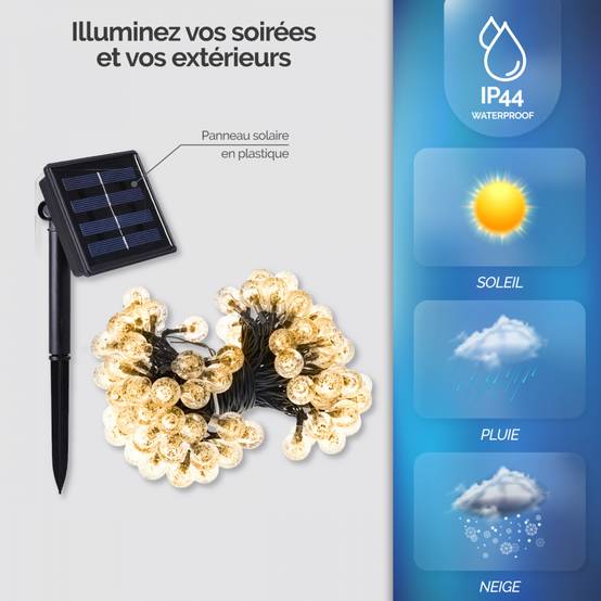 Guirlande solaire extérieure lumineuse jardin, terrasse - Grosses ampoules LED Ø 2.2 cm, 8 modes - 12 m - Blanc chaud - Linxor - Image 3