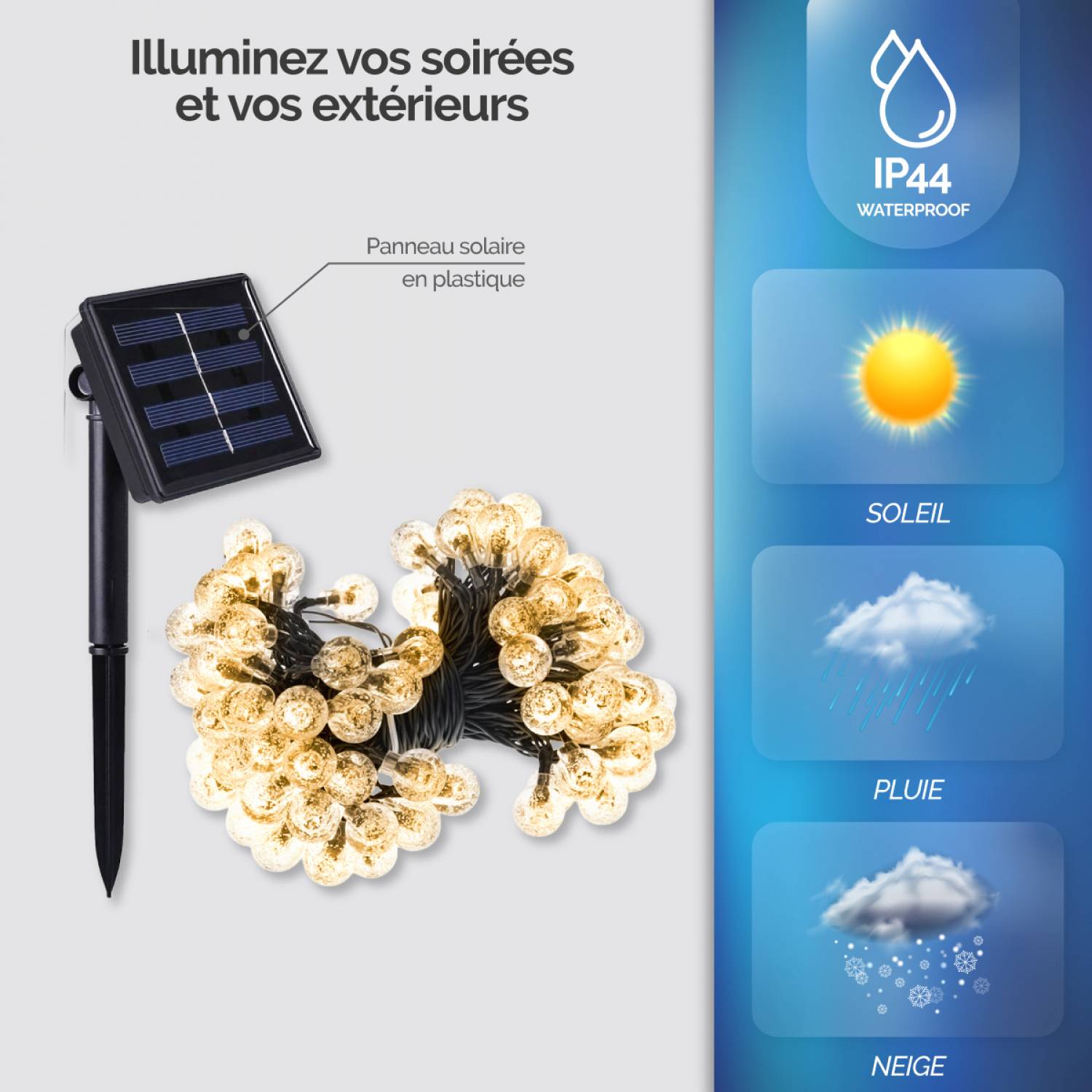 Guirlande solaire extérieure lumineuse jardin, terrasse - Grosses ampoules LED Ø 2.2 cm, 8 modes - 12 m - Blanc chaud - Linxor - Image 3