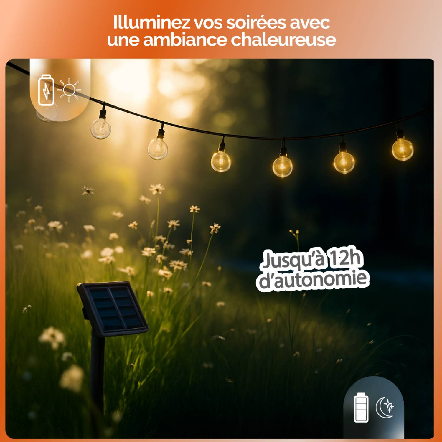 Guirlande solaire extérieure lumineuse jardin, terrasse - Grosses ampoules LED Ø 2.2 cm, 8 modes - 12 m - Blanc chaud - Linxor - Image 4