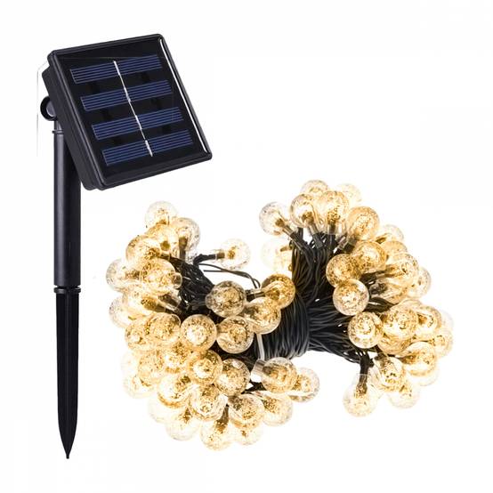 Guirlande solaire extérieure lumineuse jardin, terrasse - Grosses ampoules LED Ø 2.2 cm, 8 modes - 12 m - Blanc chaud - Linxor - Image 1