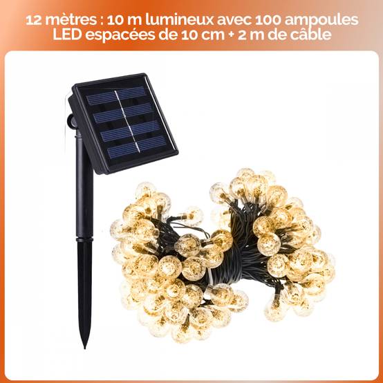Guirlande solaire extérieure lumineuse jardin, terrasse - Grosses ampoules LED Ø 2.2 cm, 8 modes - 12 m - Blanc chaud - Linxor - Image 2