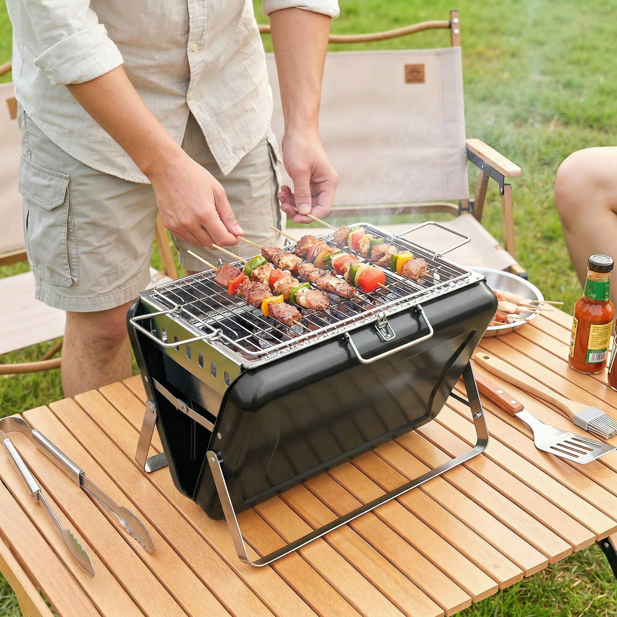 Sans Marque - Barbecue fumoir charbon acier inoxydable grille poignée pieds pliables 40x28x25,5 noir,Sans Marque - Image 4
