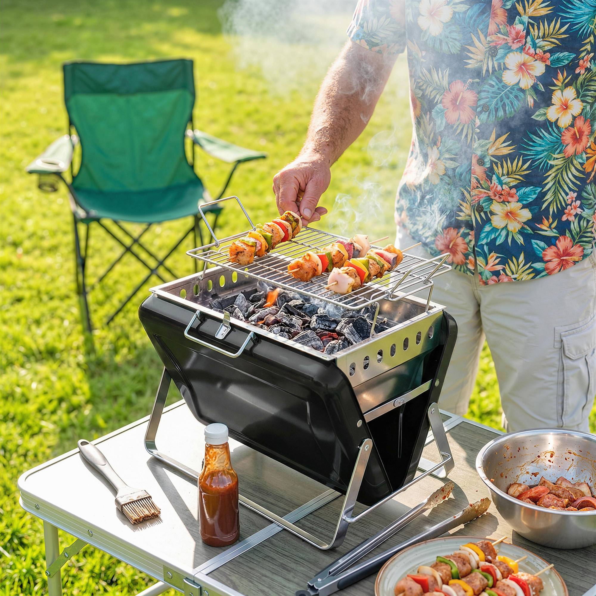 Sans Marque - Barbecue fumoir charbon acier inoxydable grille poignée pieds pliables 40x28x25,5 noir,Sans Marque - Image 3