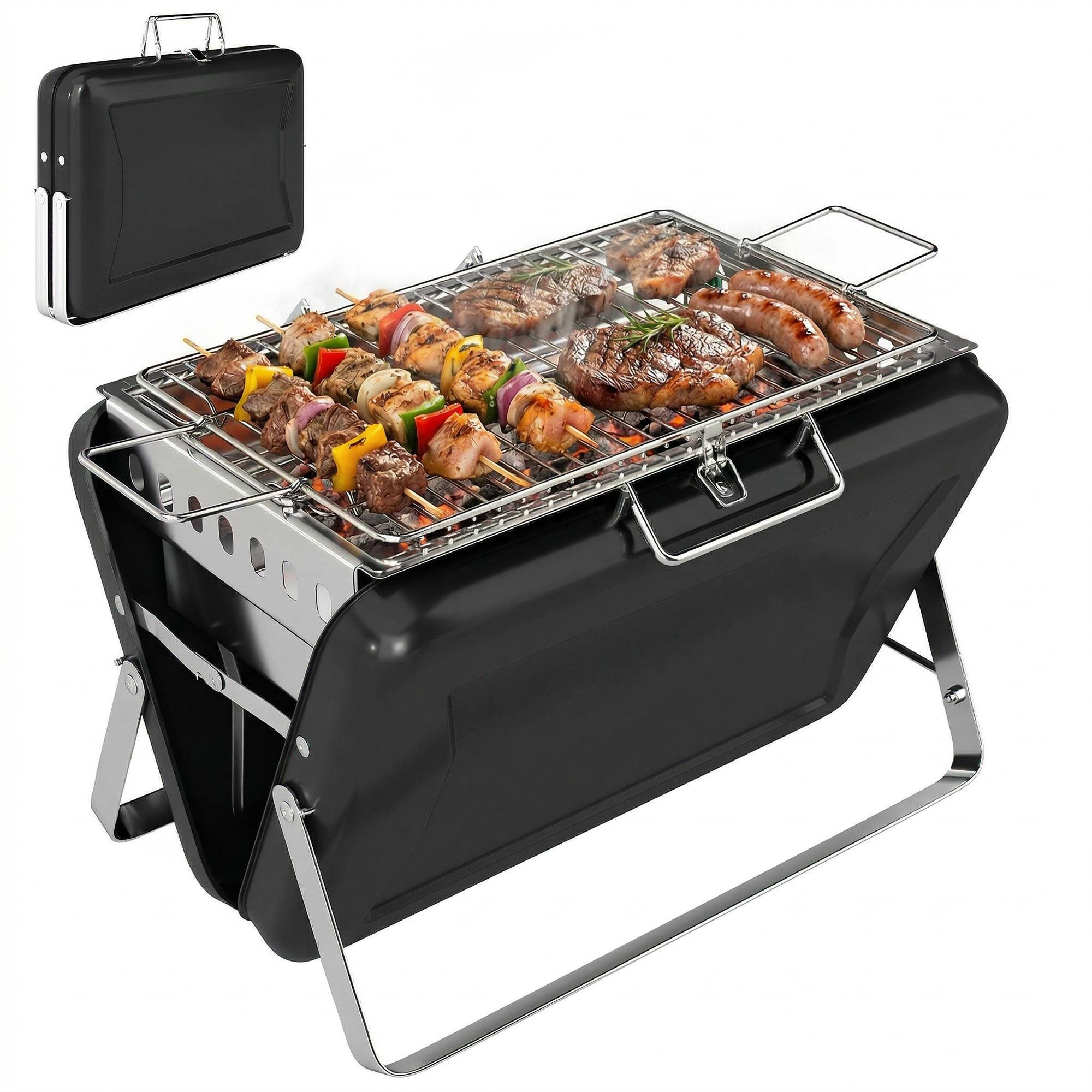 Sans Marque - Barbecue fumoir charbon acier inoxydable grille poignée pieds pliables 40x28x25,5 noir,Sans Marque