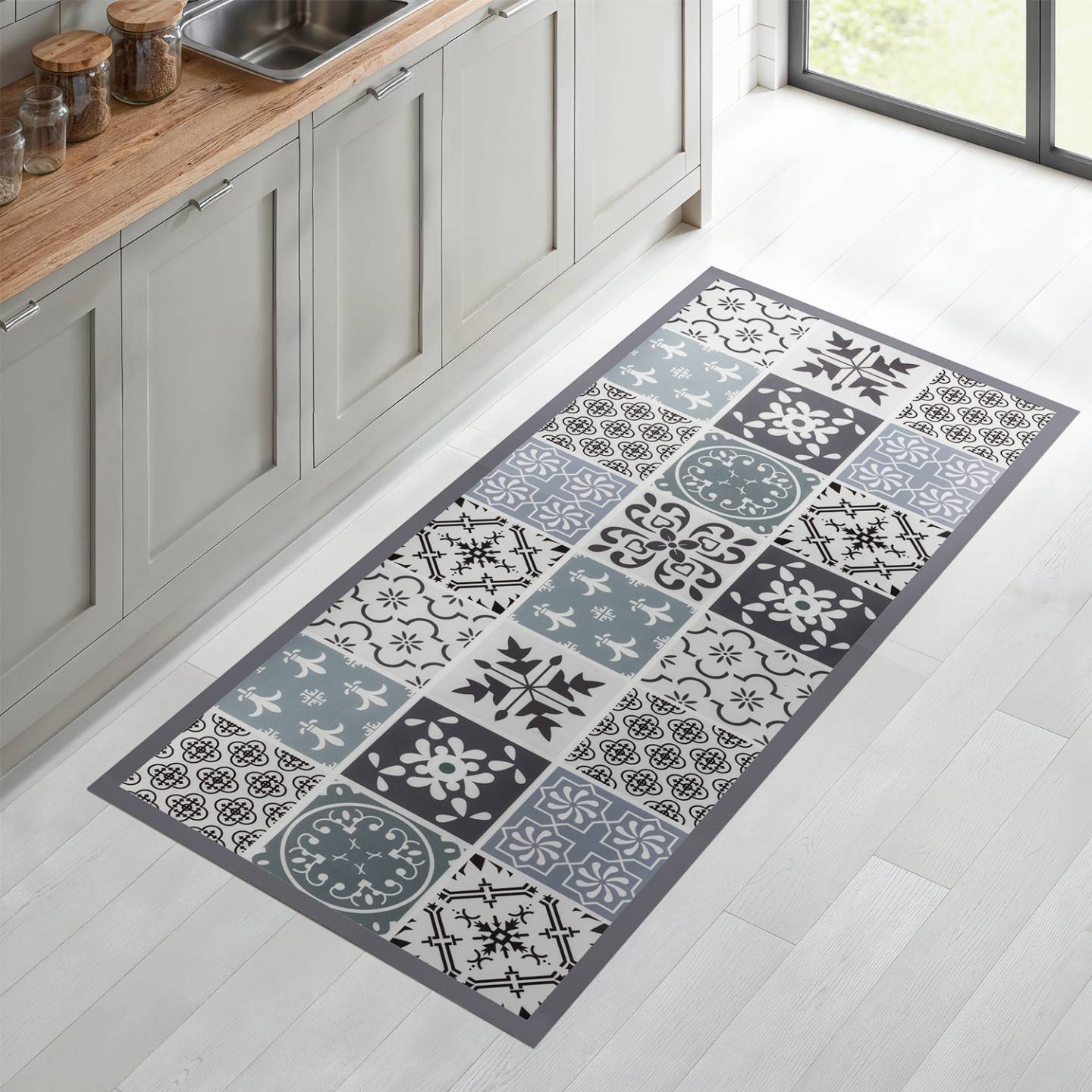 Tapis en vinyle effet carreaux de ciment noir et blanc 66 x 160 cm - Image 1