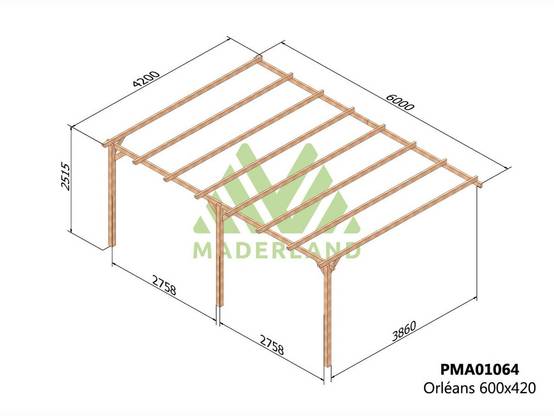 Pergola adossée en bois massif Orléans 600 x 420 cm + 3 supports surélevés - Maderland - Image 2
